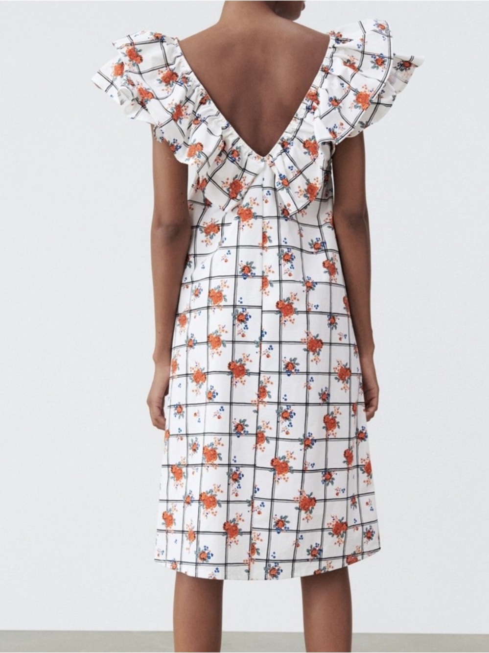Zara White Floral Grid Ruffle Sleeve Midi Dress Large - Picture 2 of 12